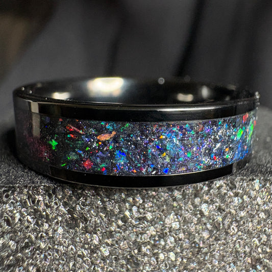 Black plated tungsten ring with multi color space themed shifting pigment powders and synthetic opals