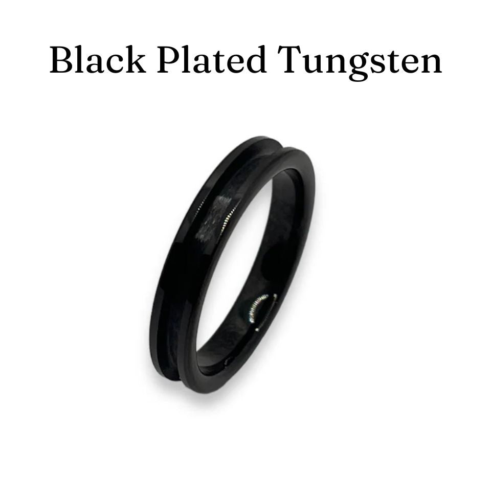 Black platted tungsten ring on a white background with text 'Black Plated Tungsten'.