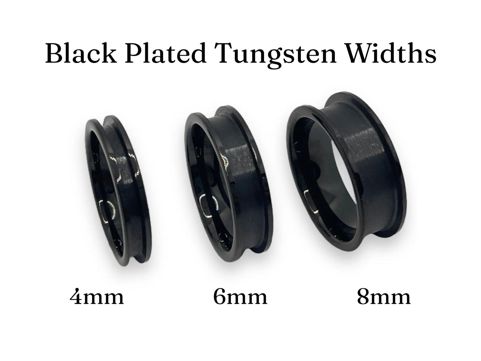 Three black plated tungsten rings of different widths labeled '4mm', '6mm', and '8mm' on a white background.