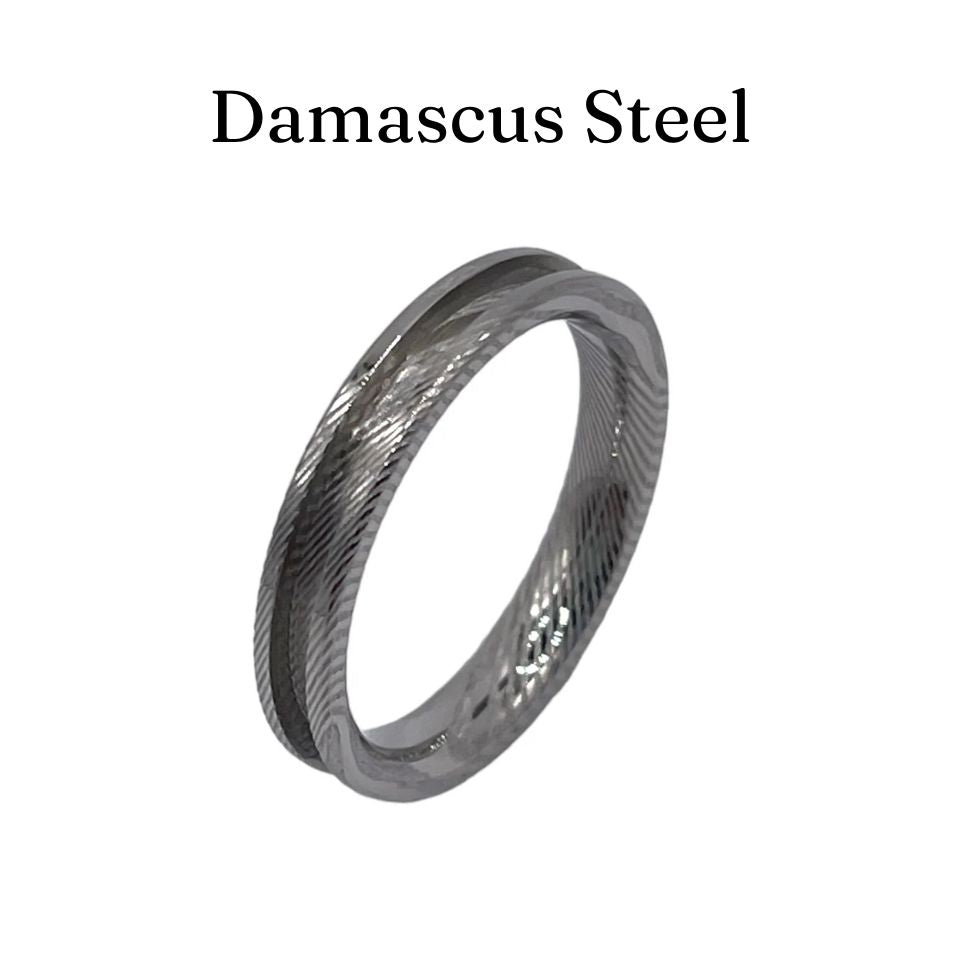 Damascus steel ring on a white background with 'Damascus Steel' text above.