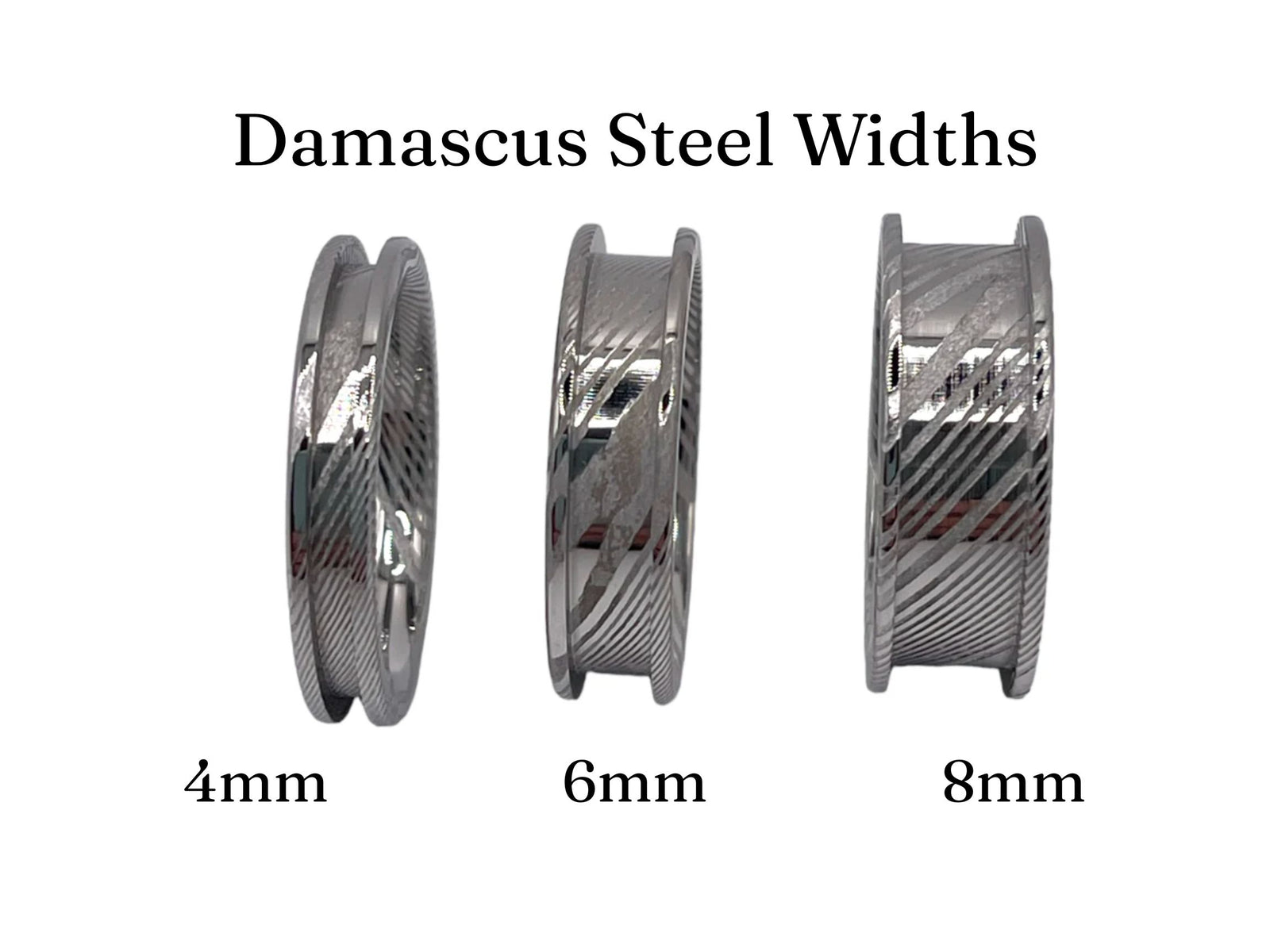 Three damascus steel rings of different widths labeled '4mm', '6mm', and '8mm' on a white background.