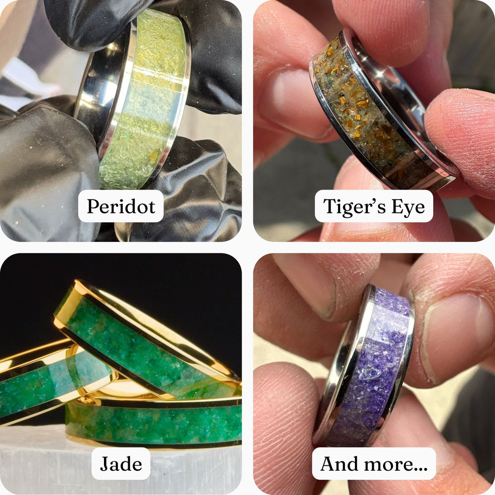 Collage of gemstone rings labeled 'Peridot', 'Tiger's Eye', 'Jade', and 'And more...' held by hands.