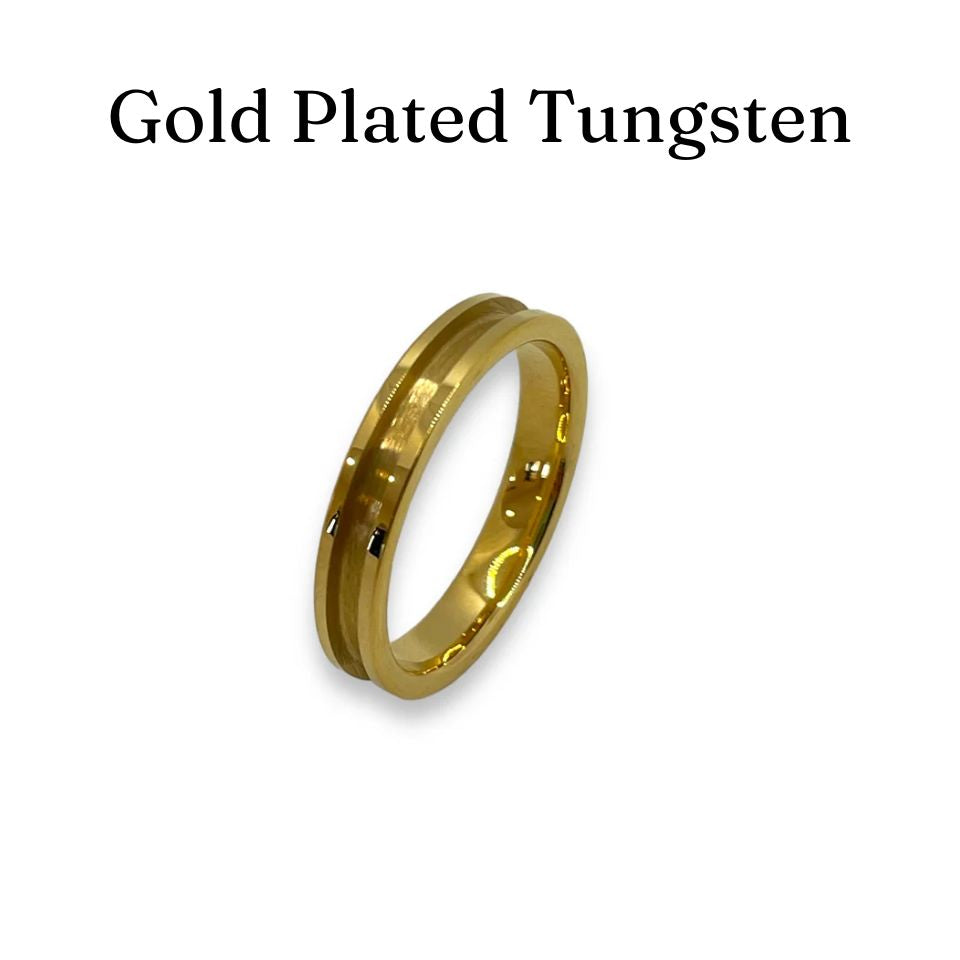 Gold-plated tungsten ring on a white background with text 'Gold Plated Tungsten'.