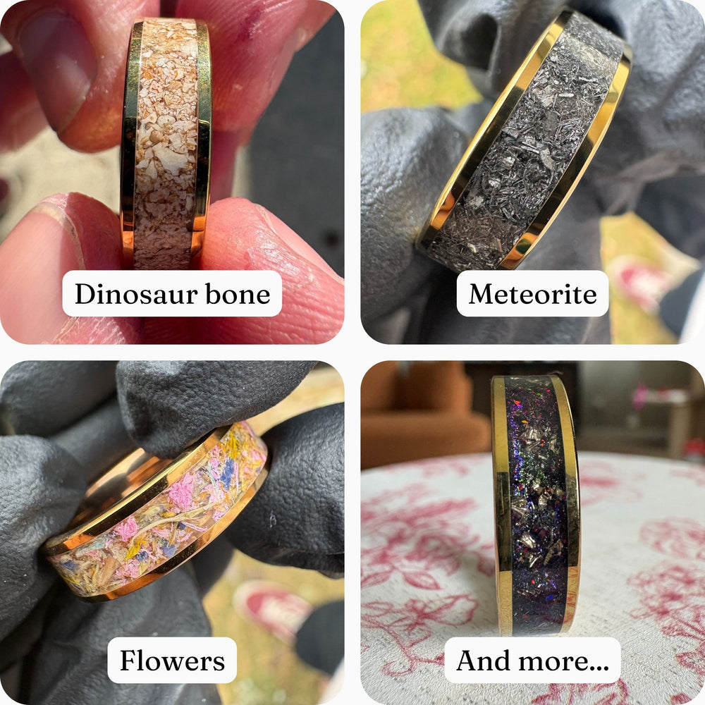 Collage of rings labeled 'Dinosaur bone', 'Meteorite', 'Flowers', and 'And more...' on a textured background.