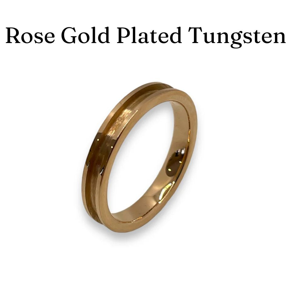 Rose gold plated tungsten ring on a white background with text above 'Rose Gold Plated Tungsten'