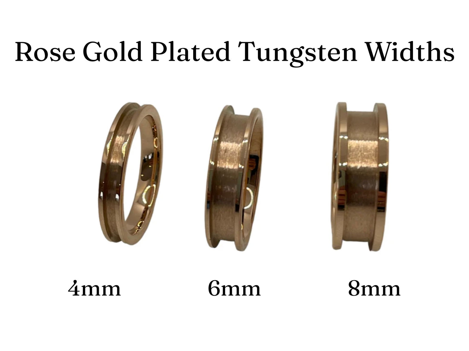 Three rose gold plated tungsten rings of different widths labeled '4mm', '6mm', and '8mm' on a white background.
