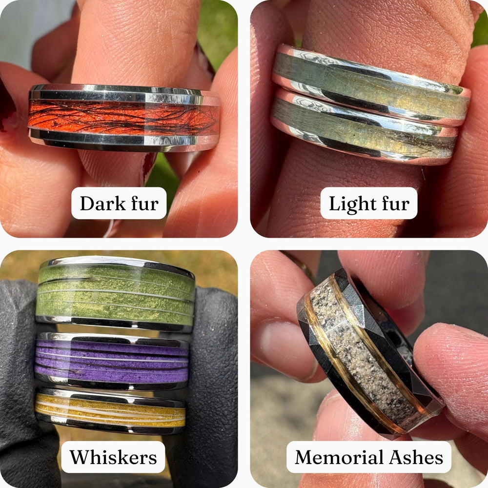 Four different types of rings with fur and ash, whiskers, inlays, each held by a hand.