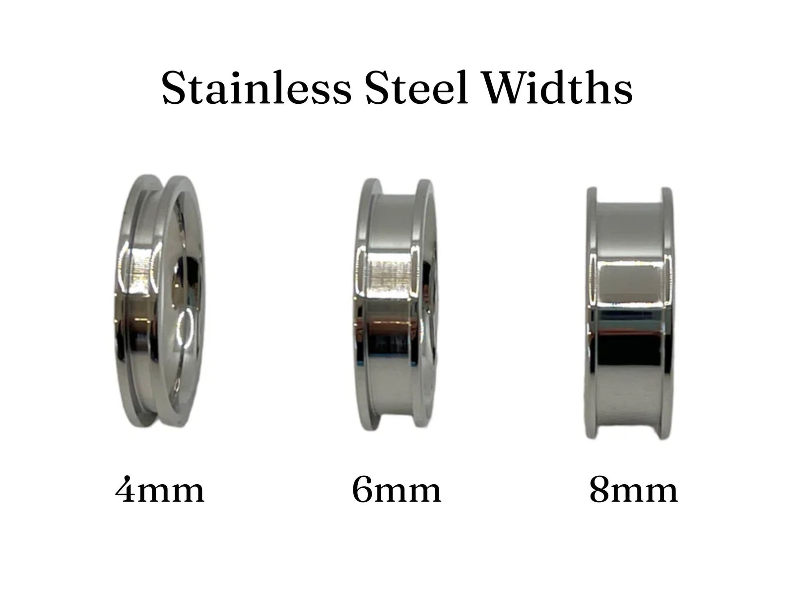 Three stainless steel rings of different widths labeled '4mm', '6mm', and '8mm' on a white background.