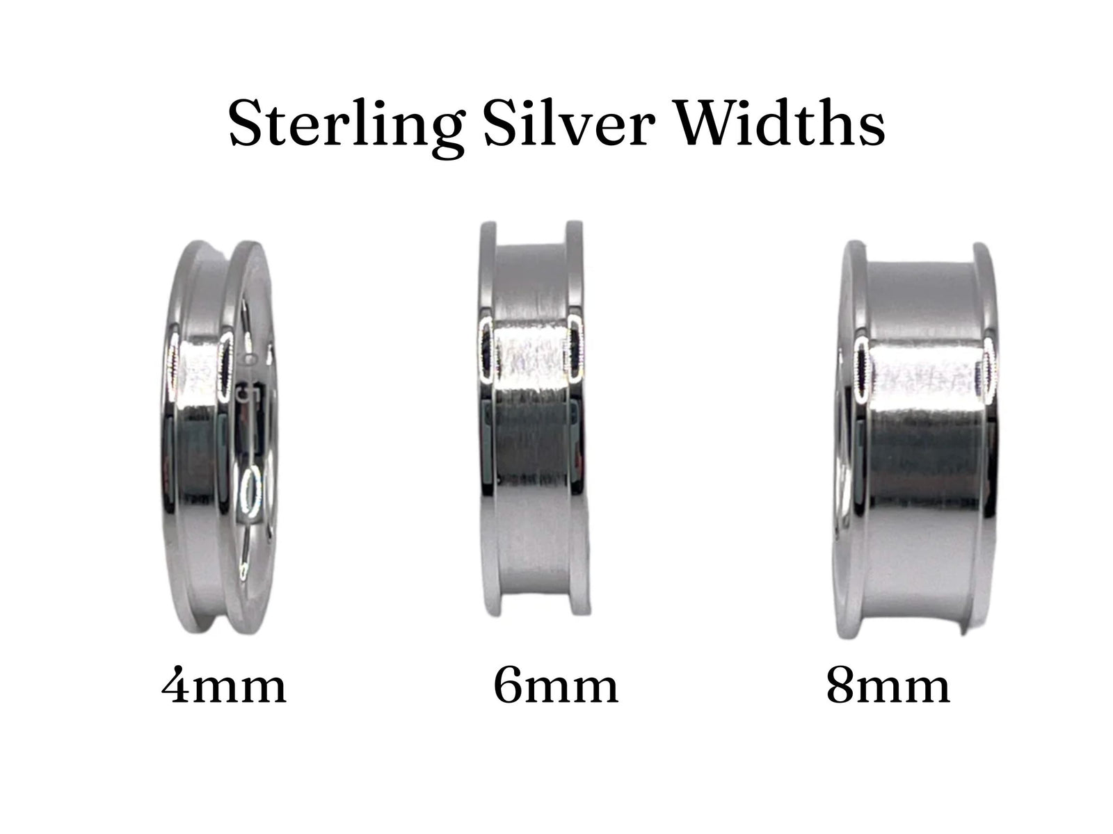 Three sterling silver rings of different widths labeled '4mm', '6mm', and '8mm' on a white background.