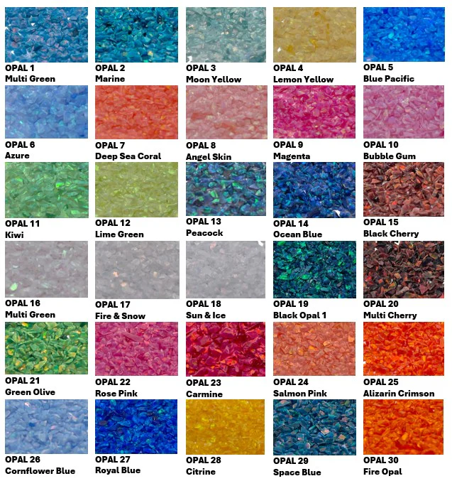 Color swatch chart with various synthetic opal colors labeled