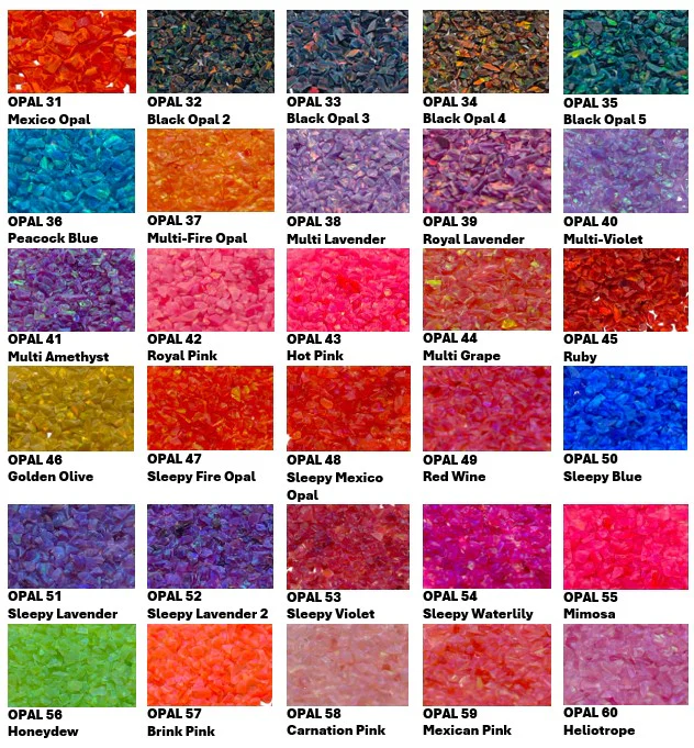 Color swatch chart with various synthetic opal colors labeled