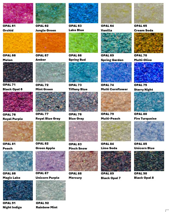 Color swatch chart with various synthetic opal colors labeled