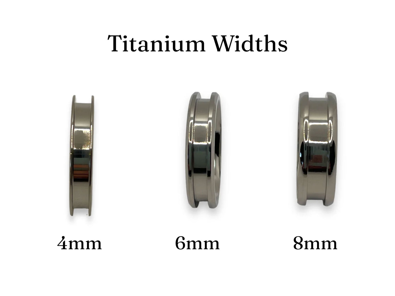 Three titanium rings of different widths labeled '4mm', '6mm', and '8mm' on a white background.