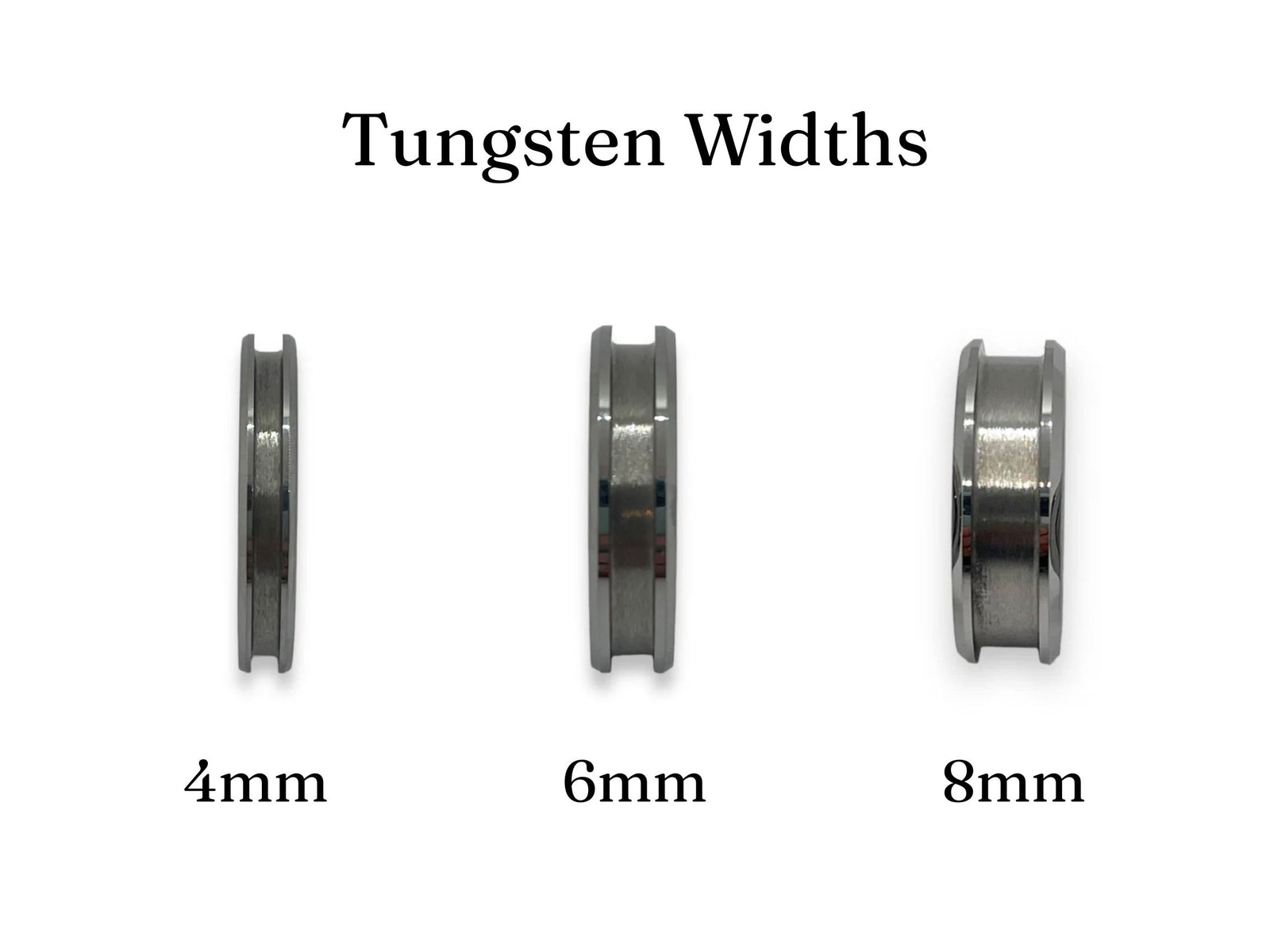 Three tungsten rings of different widths labeled '4mm', '6mm', and '8mm' on a white background.